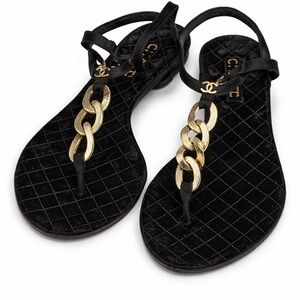 CHANEL Black and Gold Chain Sandals